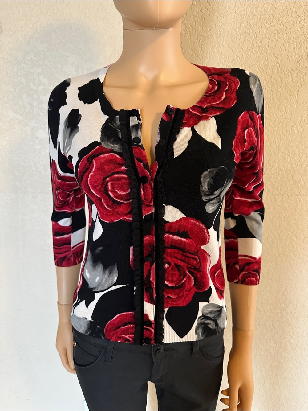 White House Black Market Black Cardigan with Red Rose Print